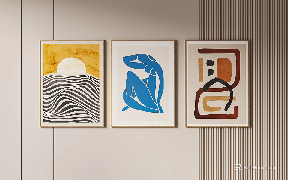 Three Abstract Paintings Hanging On Beige Wall 3d model