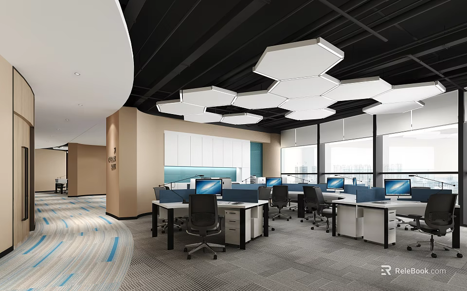 Modern Public Office Space With Work Desks Computers Ergonomic Chairs And Ceiling Lights 3d model
