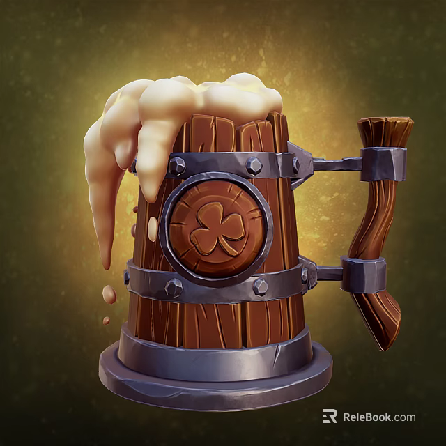 Vintage Wooden Beer Mug Featuring Overflowing Foam Clover Design And Metal Rivets 3d model 