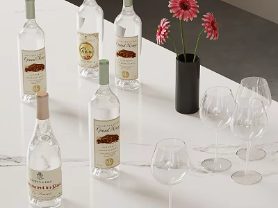 Ginseng Bottles With Pink Flowers In Black Vase And Clear Wine Glasses On White Countertop 3d model