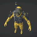 Game Movie Character In Yellow Protective Suit With Gas Mask And Backpack Gear