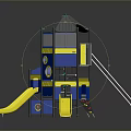 Outdoor Children Playground Structure With Yellow Slides Blue Panels And Multi Level Climbing Area