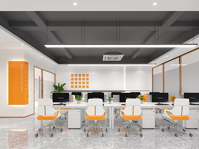 Modern Public Office Space Interior With Office Desks Orange Chairs And Green Plants 3d model