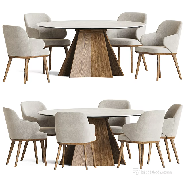 Modern Round Dining Table Set With Wooden Pedestal Base And Beige Chairs 3d model 