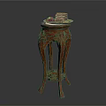 Carved Wooden Side Table With Intricate Details And Cake With Fruits On Top