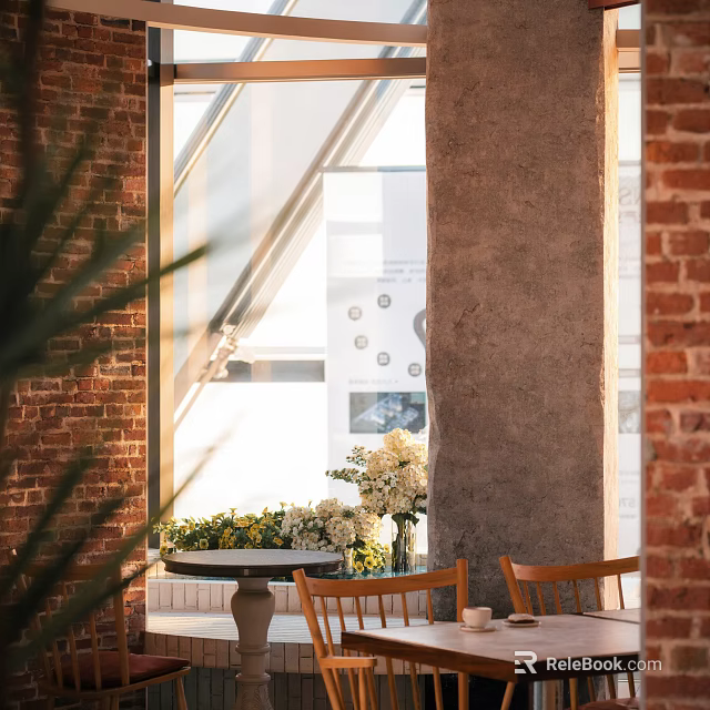 Cozy Café Interior With Brick Wall Large Windows Sunlight Wooden Chairs Flower Vase On Table 3d model 