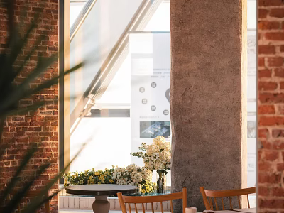 Cozy Café Interior With Brick Wall Large Windows Sunlight Wooden Chairs Flower Vase On Table 3d model
