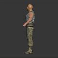 Bald Man in Blue Striped Tank Top with Camouflage Pants Hands by Sides Dark Background