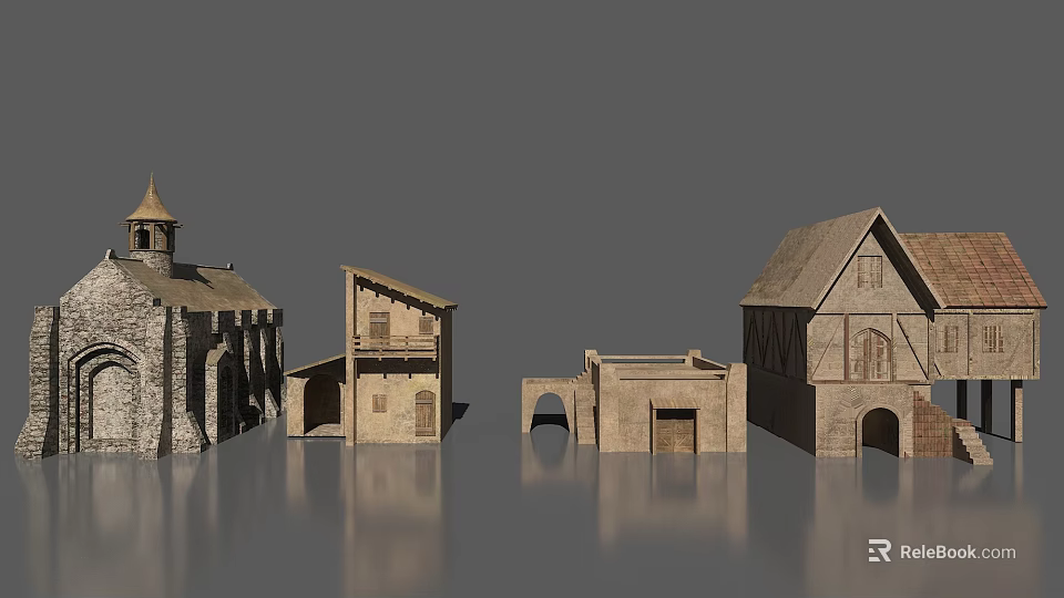Historical Architectural Structures Displayed in Row with Stone Walls Tower and Arched Doorways 3d model 