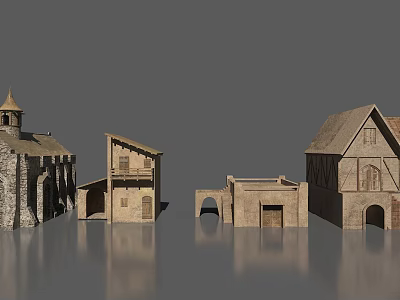 Historical Architectural Structures Displayed in Row with Stone Walls Tower and Arched Doorways 3d model