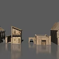 Historical Architectural Structures Displayed in Row with Stone Walls Tower and Arched Doorways