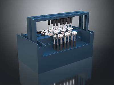 Blue Mechanical Device Featuring Multiple Black Handled Components In Organized Racks 3d model