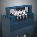 Blue Mechanical Device Featuring Multiple Black Handled Components In Organized Racks 3d model