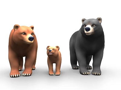 Three Bears Family with Brown Black and Baby Bear Standing Together 3d model