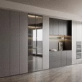 Modern Gray Silver Sideboard Design With Glass Doors Drawers And LED Lighting In Kitchen Interior