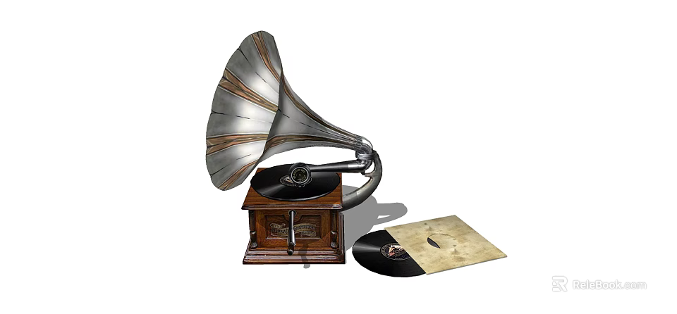 Vintage Gramophone Sound System With Classic Horn And Vinyl Records 3d model 