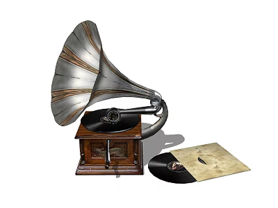 Vintage Gramophone Sound System With Classic Horn And Vinyl Records 3d model