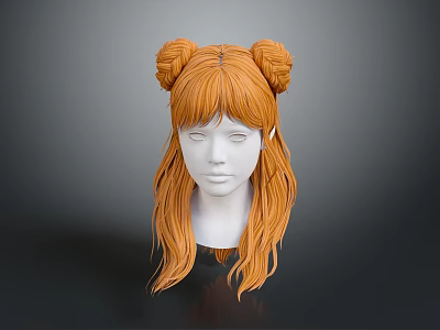 Mannequin Head With Orange Long Hair Double Bun Hairstyle And Bangs 3d model