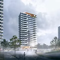 Modern High rise Residential Buildings With Waterfront And Lush Greenery