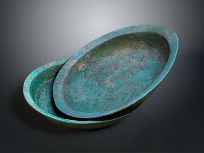 Sculpted Bronze Oval Dishes With Ancient Patina Surface Stacked Arrangement Design 3d model