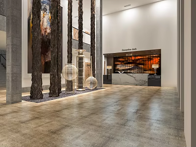 Modern Hotel Lobby Interior With Wooden Columns Marble Reception And Artwork 3d model