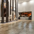 Modern Hotel Lobby Interior With Wooden Columns Marble Reception And Artwork