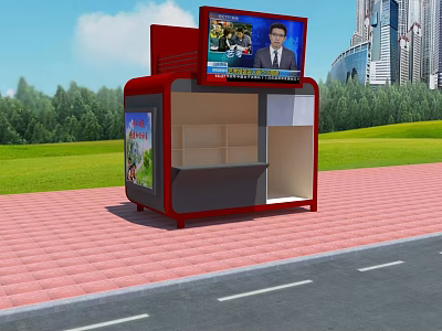 Outdoor Red Information Kiosk with Top Screen Display Surrounded by Green Grass Trees and Buildings 3d model