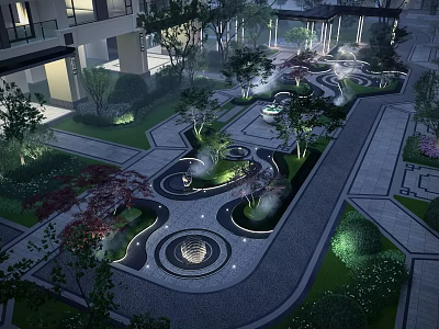 Scenic Wall in Modern Courtyard Landscape With Water Features Greenery and Lighting 3d model
