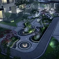Scenic Wall in Modern Courtyard Landscape With Water Features Greenery and Lighting