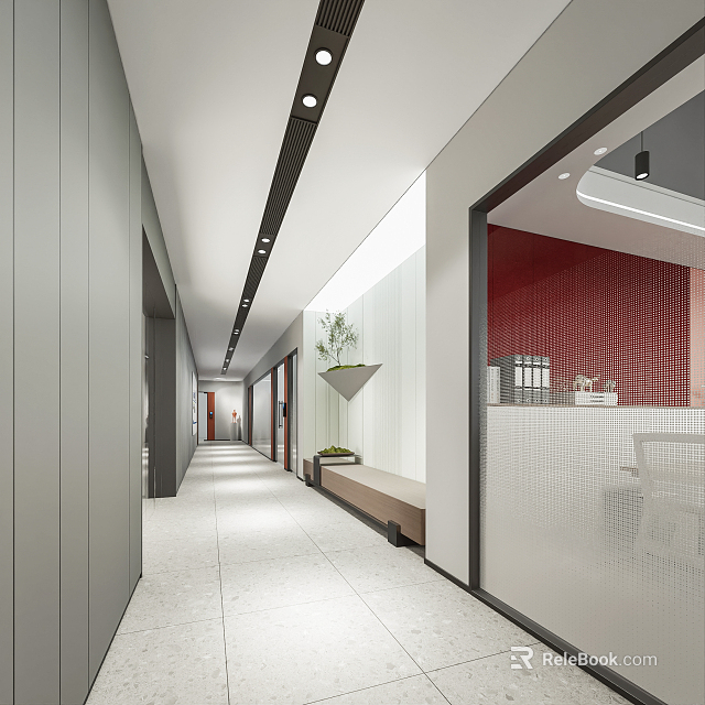 Modern Office Corridor With Ceiling Lights Greenery And Glass Partitions 3d model 