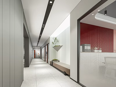 Modern Office Corridor With Ceiling Lights Greenery And Glass Partitions 3d model