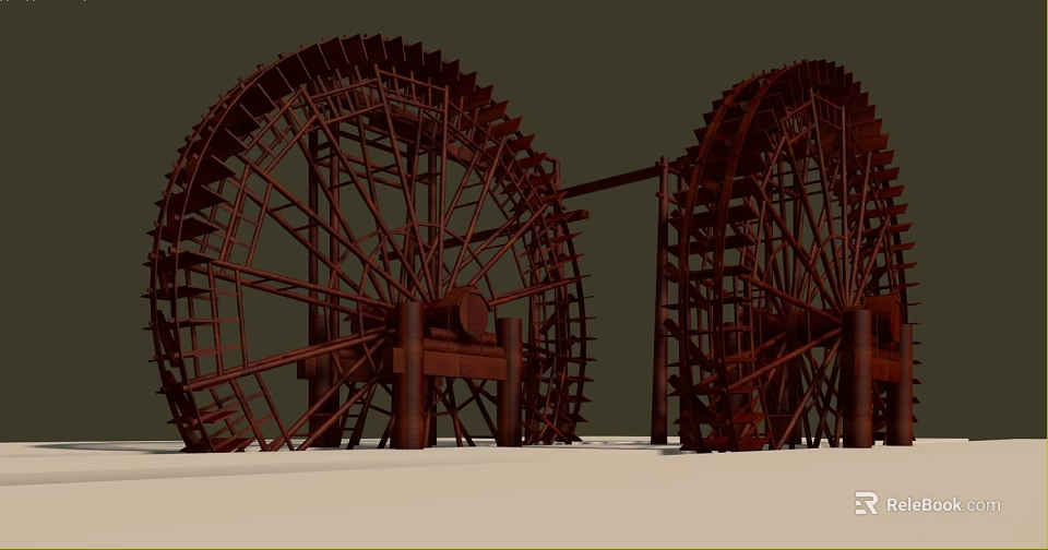 Ancient Architecture Classic Traditional Large Wooden Red Water Wheels Design Features 3d model 