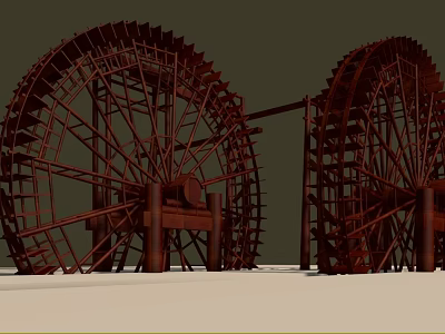 Ancient Architecture Classic Traditional Large Wooden Red Water Wheels Design Features 3d model