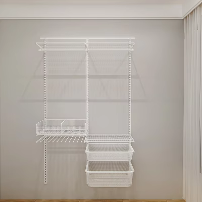 White Metal Wire Shelving Unit With Multiple Storage Tiers And Baskets 3d model