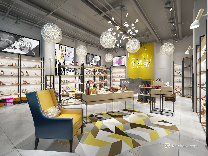 Stylish Shoe Store Interior Design With Display Shelves Pendant Lights And Geometric Rug 3d model 