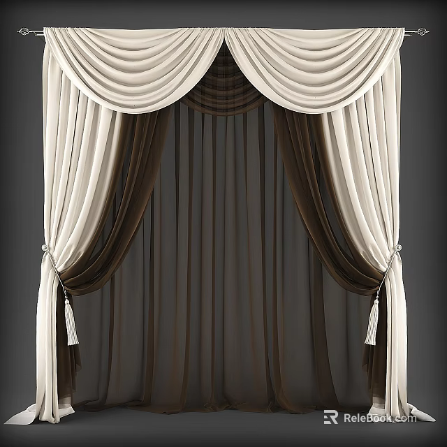 Elegant Double Layer Curtains with Beige Pleated Valance and Brown Sheer Panels 3d model 