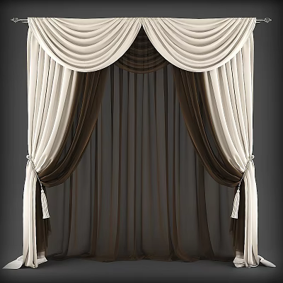 Elegant Double Layer Curtains with Beige Pleated Valance and Brown Sheer Panels 3d model