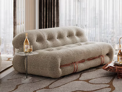 Beige Tufted Sofa Coffee Table Set With Glass Side Table And Brass Accents 3d model