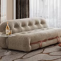 Beige Tufted Sofa Coffee Table Set With Glass Side Table And Brass Accents