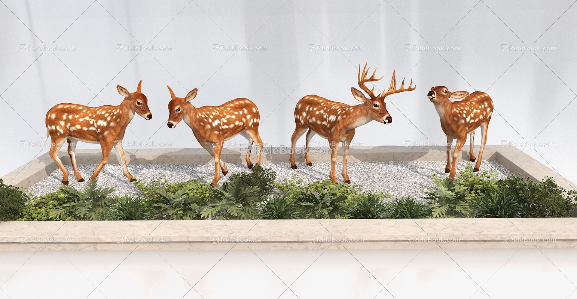 Dynamic Sika Deer Combination Senling Animal Fawn Sika Deer Doe Deer Christmas Deer Green Plant 3d model