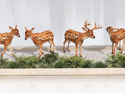 Dynamic Sika Deer Combination Senling Animal Fawn Sika Deer Doe Deer Christmas Deer Green Plant 3d model