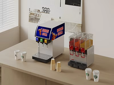 Countertop Drink Dispenser With Paper Cups Starbucks Cups And Stacked Cups 3d model