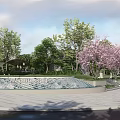 Scenic Urban Park Landscape With Cherry Trees Green Lawns Curved Paths And White Buildings