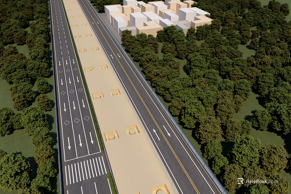 Urban Road Infrastructure With Multiple Traffic Lanes Green Belts And Residential Buildings 3d model 