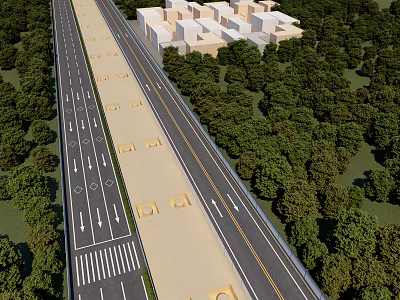 Urban Road Infrastructure With Multiple Traffic Lanes Green Belts And Residential Buildings 3d model