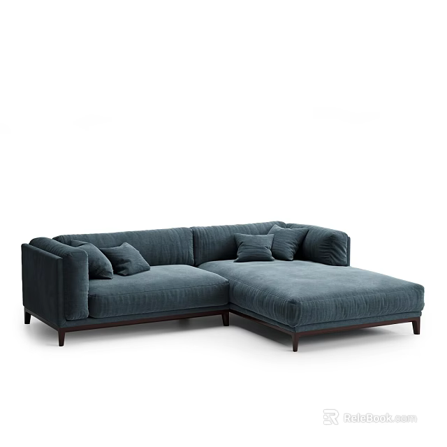 Navy Blue Velvet Sectional Sofa With Plush Cushions And Wooden Legs 3d model 