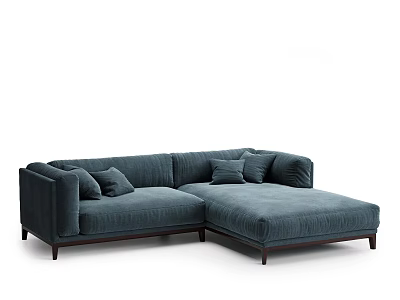 Navy Blue Velvet Sectional Sofa With Plush Cushions And Wooden Legs 3d model