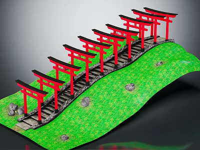 Red Torii Gates Arranged Along Green Grassy Slope With Stone Steps 3d model