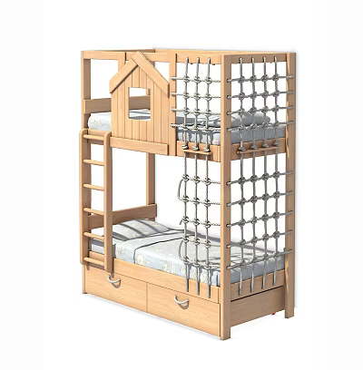 Wooden Bunk Bed With House Shaped Design Rope Netting Ladder And Drawers 3d model