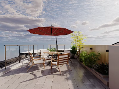 Terrace Garden Landscape With Red Umbrella Wooden Table Chairs And Green Plants 3d model